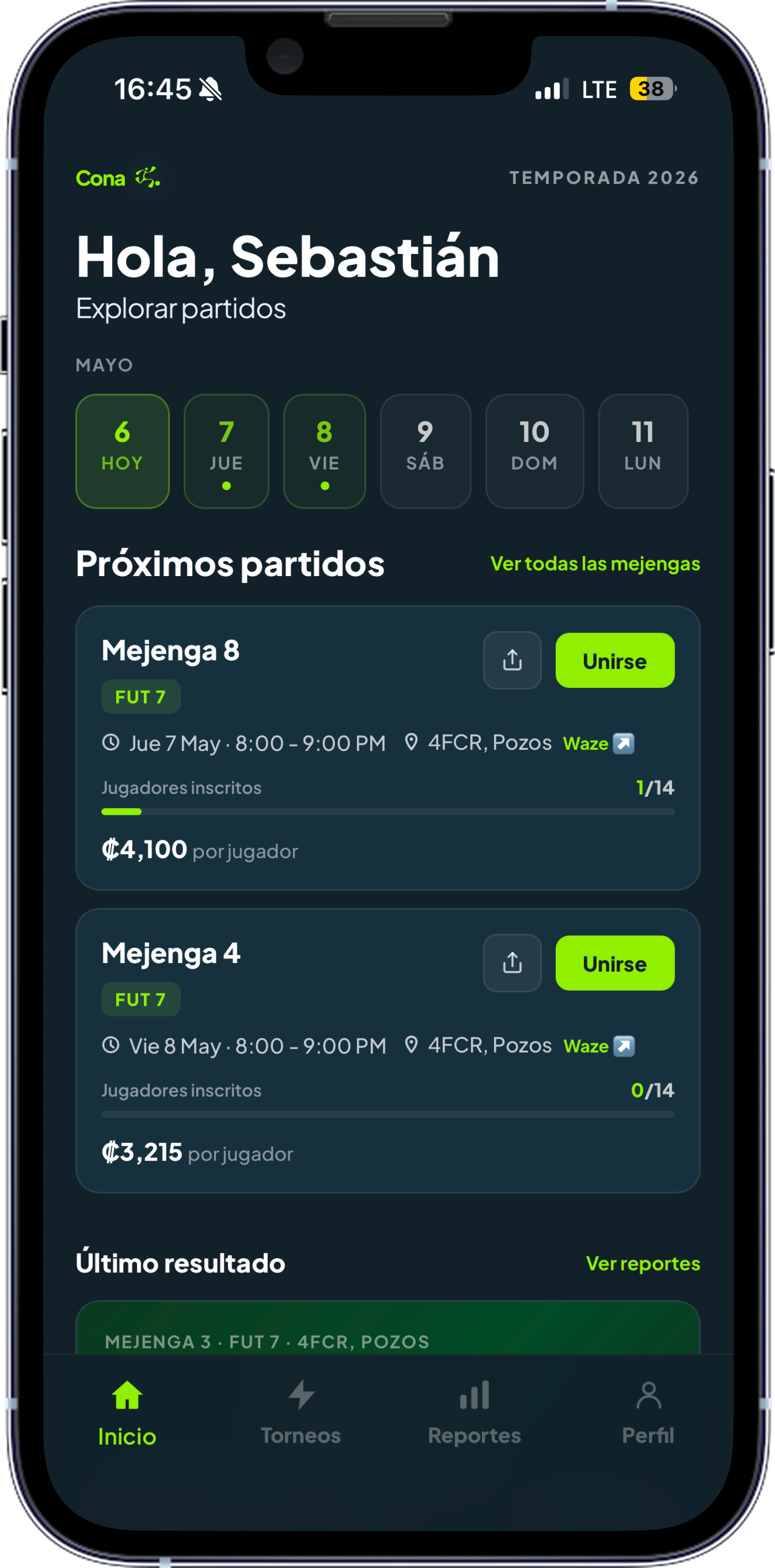Cona app — explorar mejengas